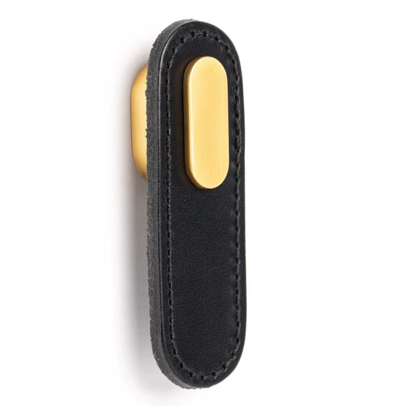 Maner Oblong din piele neagra pentru mobilier, cu ornament finisaj auriu periat